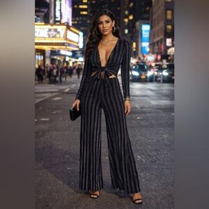 AKIRA Metallic Stripe Tie-Front Jumpsuit Cutout Wide Leg Black Size M